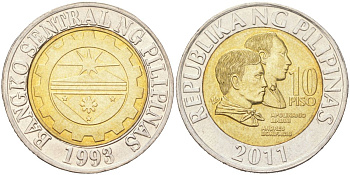Филиппины 10 писо 2011 KM 278 биметалл UNC 4122-446