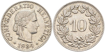 Швейцария 10 раппенов 1934 B KM 27b никель     3309-1134