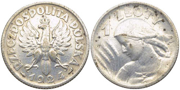 ПОЛЬША 1 ЗЛОТЫЙ 1924 МОНДВОР ПАРИЖ (ФАКЕЛ И РОГ ИЗОБИЛИЯ) KM 15 серебро 5010-1143