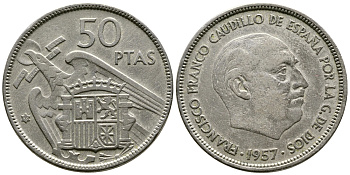 Испания 50 песет 1959 1957 ГОД, ФРАНКО КМ 788 медно-никель 4607-641