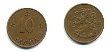 Финляндия 10 пенни 1922 республика (1918-1962) KM 24 медь 46-517