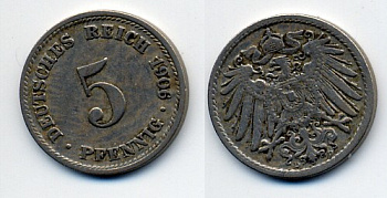 ГЕРМАНИЯ 5 ПФЕННИГОВ 1906 E, KM 11, J. 12 медно-никель 76-234