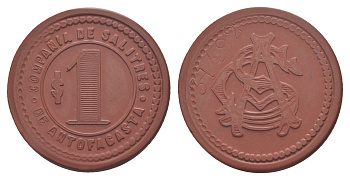 Чили, Антофагаста (Antofagasta) шахтерский жетон с Селитряного рудника для покупки в местных магазинах, номиналом в 1 песо около 1904 диаметр 34,5 мм, вес 3,75 гр Espinosa 22.6 эбонит (красный) 1094-11-24