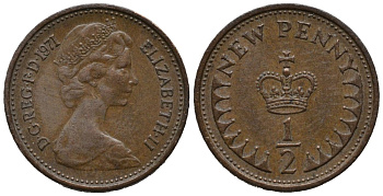 Великобритания 1/2 пенни 1971 Елизавета II (1952-2022) KM 914, Spink 4239 бронза 192-264