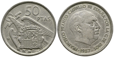 Испания 50 песет 1959 1957 ГОД, ФРАНКО КМ 788 медно-никель 4607-641