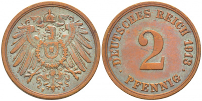 Германия 2 пфеннига 1913 F KM 16, J. 11, Weege 4 медь 3718-237