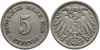 Германия 5 пфеннигов 1908 G KM 11, Jager 12, Weege 6 медно-никель 4547-468