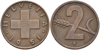 Швейцария 2 раппена 1951 В KM 47 бронза 4591-622
