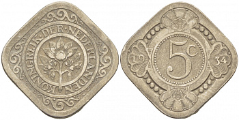 НИДЕРЛАНДЫ 5 ЦЕНТОВ 1934 KM 153 медно-никель 3457-744