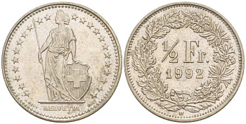 ШВЕЙЦАРИЯ 1/2 ФРАНКА 1992 В KM 23а.3 медно-никель 4532-1061