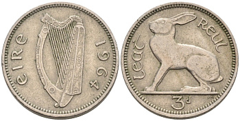 Ирландия 3 пенса 1964 заяц KM 12а медно-никель 92-235