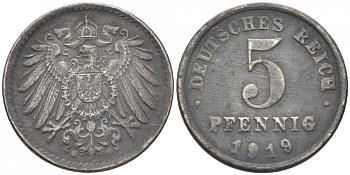 ГЕРМАНИЯ 5 ПФЕННИГОВ 1919 KM 19, J. 297 железо 112-1229
