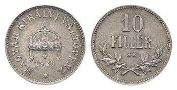 Венгрия 10 филлеров 1920 КВ, очень редкий год KM 496 железо 1524-1522