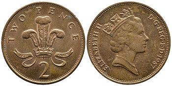 Великобритания 2 пенса 1987 Елизавета II (1952-2022) KM 936, Spink 4376 (C3) бронза 89-1647