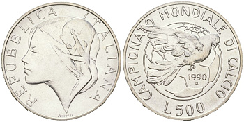 Италия 500 лир 1990 R, Чемпионат мира по футболу 1990 KM 136 серебро BU 4367-915