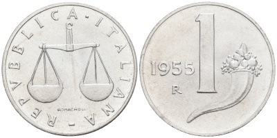 Италия 1 лира 1955 R, весы KM 91 алюминий  UNC  4594-643