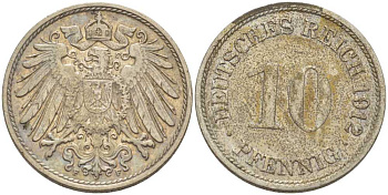 ГЕРМАНИЯ 10 ПФЕННИГОВ 1912 F KM 12, J. 13, Weege 8 медно-никель 212-211