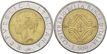 ИТАЛИЯ 500 ЛИР 1993 100 ЛЕТ БАНКУ ИТАЛИИ (1893-1993) KM 160 биметалл 4551-1141