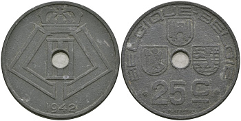 Бельгия 25 сантимов 1942 Belgique-Belgie, Леопольд III (1934-1947) KM 131 цинк 4579-245