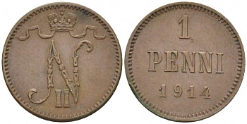 Россия для Финляндии 1 пенни 1914 Николай II (1894-1917) KM 13, Биткин 474 медь 261-1112