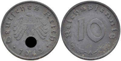 ГЕРМАНИЯ 10 РЕЙХСПФЕННИГОВ 1942 A KM 101, J. 371 цинк 4401-632