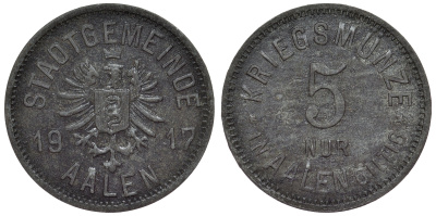 Германия, Аален 5 пфеннигов 1917 Баден-Вюртемберг, нотгельд Funck 2.1 железо 4118-1256