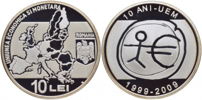 Румыния 10 леев 2009 10 лет единой валюте евро, тираж 1000 экземпляров KM NEW серебро PROOF 00-00