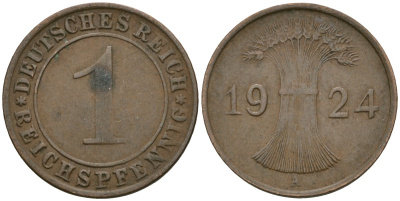 Германия 1 рейхспфенниг 1924 A KM 37, J. 313 бронза 4189-1063
