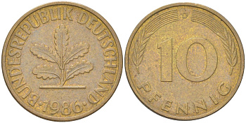 ФРГ 10 пфеннигов 1986 D KM 108 сталь плакированная латунью 4613-1237