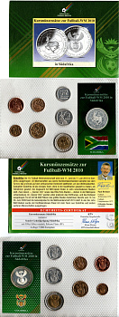 ЮАР набор из 7 монет (5, 10, 20 и 50 цента; 1, 2 и 5 рандов) и медали приуроченная к чемпионату мира 2010 в ЮАР и посвященная выступлению сборной ЮАР на чемпионатах мира 2008 в красочной упаковке, с сертификатом подлинности с факсимильной подписью Паула Б