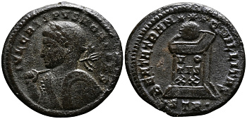 Римская Империя нуммий 322 - 323 Крисп в ранге цезаря BEATA TRANQVILLITAS Августа Треверов Good Very fine (степень редкости С3) RIC 372 бронза 00-000-00