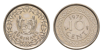 Суринам 10 центов 1979 KM 13 медно-никель 4649-1011