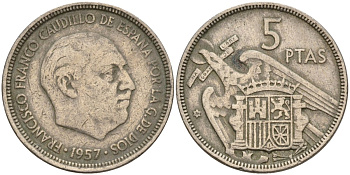 Испания 5 песет 1957 (59) Франсиско Франко (1939 - 1975) KM 786 медно-никель 4155-525