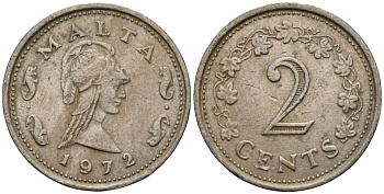 Мальта 2 цента 1972 Пентесилея, царица амазонок KM 9 медь цинк 4154-637