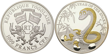 Того 1000 франков 2013 год змеи, яйца, позолота серебро PROOF 1080-4-11