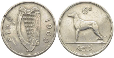 ИРЛАНДИЯ 6 ПЕНСОВ 1960 ИРЛАНДСКИЙ ВОЛКОДАВ KM 13а медно-никель 113-344