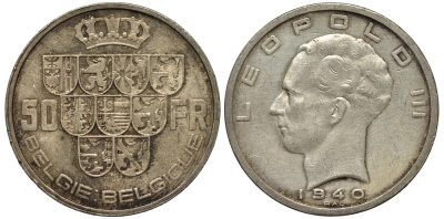 Бельгия 50 франков 1940 ЛЕОПОЛЬД III, BELGIE-BELGIQUE KM 122.1 серебро 443-812