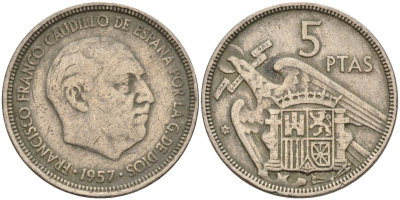 Испания 5 песет 1957 (59) Франсиско Франко (1939 - 1975) KM 786 медно-никель 4155-525