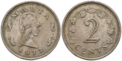 Мальта 2 цента 1972 Пентесилея, царица амазонок KM 9 медь цинк 4154-637