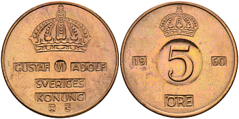 Швеция 5 эре 1960 ТS Густав VI Адольф (1950-1973) KM 822 бронза 4595-1037