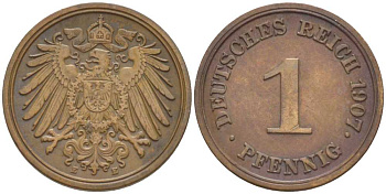 ГЕРМАНИЯ 1 ПФЕННИГ 1907 E KM 10, J. 10, Weege 2 медь 211-357