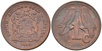 ЮАР 1 ЦЕНТ 1993 ДВЕ ПТИЧКИ НА ВЕТКЕ KM 132 сталь плакированная медью UNC 4594-132