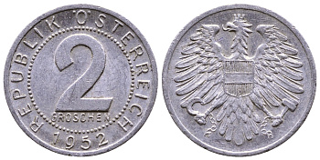 АВСТРИЯ 2 ГРОША 1952 КМ 2876 алюминий 35-119