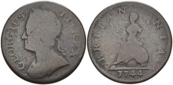 Великобритания 1 фартинг 1744 Георг II (1727-1760) KM 581.1, Spink 3721 медь 4126-657