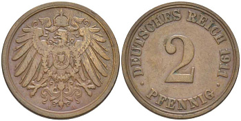 ГЕРМАНИЯ 2 ПФЕННИГА 1911 A KM 16, J. 11, Weege 4 медь 206-569