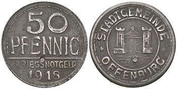 Оффенбург (Баден) 50 пфеннингов 1918 Funck 403.2A, Men18 24881.3 железо 4586-913