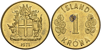 Исландия 1 крона 1963 KM 12а никель латунь 93-446
