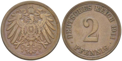 ГЕРМАНИЯ 2 ПФЕННИГА 1911 A KM 16, J. 11, Weege 4 медь 206-569