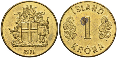 Исландия 1 крона 1963 KM 12а никель латунь 93-446