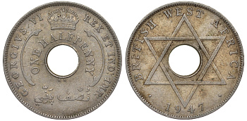 Британская Западная Африка 1/2 пенни 1947 KN, Георг VI KM 18 медно-никель 25-2233